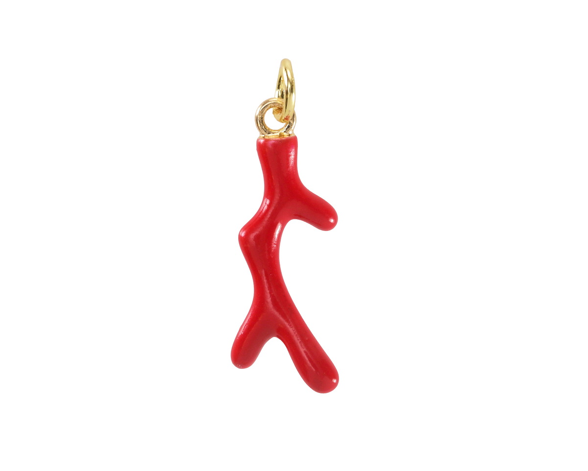 Red Coral Branch Enamel w/ Gold Finish Charm 8x23mm