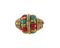 Nepalese Brass w/ Turquoise & Coral Dots Bulbous Rice Bead 20x15mm