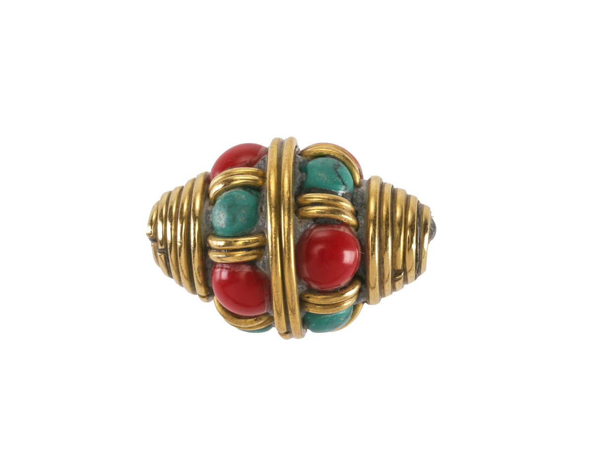 Nepalese Brass w/ Turquoise & Coral Dots Bulbous Rice Bead 20x15mm