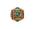 Nepalese Brass w/ Turquoise Dots in Double Circles & Small Coral Dots Barrel Bead 15-16x17mm