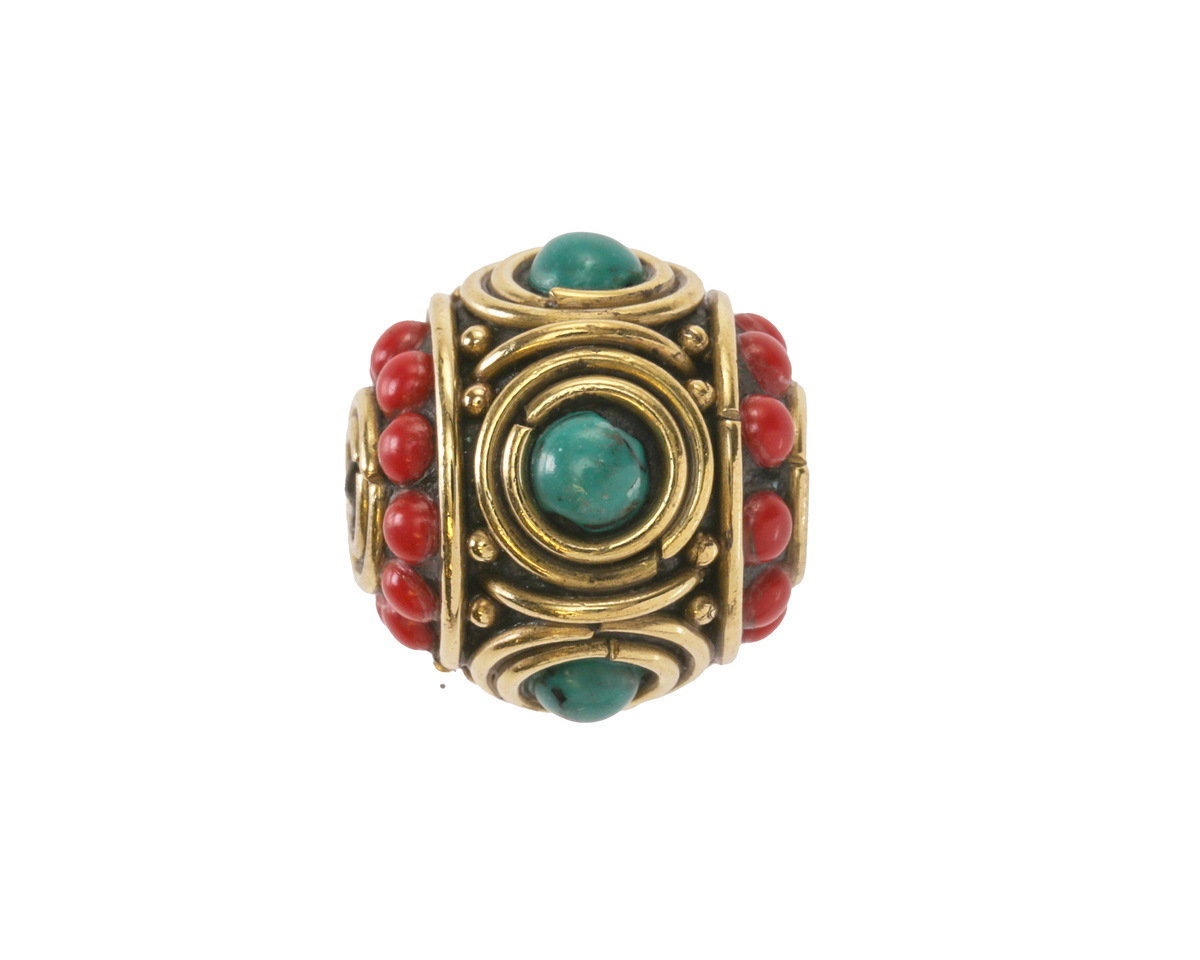 Nepalese Brass w/ Turquoise Dots in Double Circles & Small Coral Dots Barrel Bead 15-16x17mm