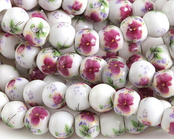 Pink & Purple Spring Flowers Print Porcelain Tumbled Rondelle 7x8mm