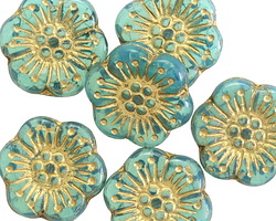 Czech Glass Blue Green Opal w/ Gold Wild Rose Coin 18mm