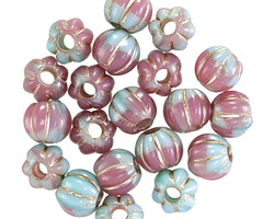 Czech Glass Desert Rose & Sky Blue w/ Platinum Large Hole Melon Round 8mm