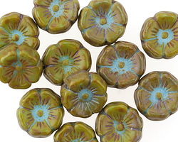 Czech Glass Sea Green Picasso Hibiscus Coin 12mm