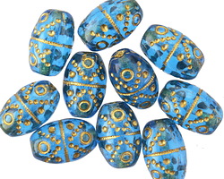 Czech Glass Capri Blue w/ Gold O's & X's Rice 13x9mm