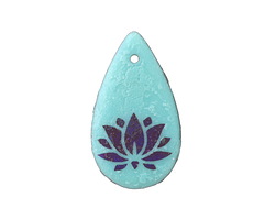 Czech Glass Laser Etched Lotus on Textured Turquoise w/ Metallic Rainbow Finish Teardrop 18x30mm