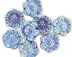 Czech Glass Cool Mint AB w/ Indigo Wild Rose Coin 14mm