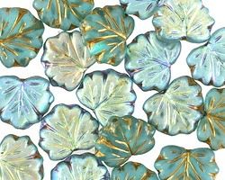 Czech Glass Matte Island Blue AB w/ Gold Maple Leaf 11x13mm