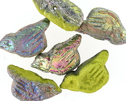 Czech Glass Textured Wasabi w/ Antique Vitrail Bird 11x22mm