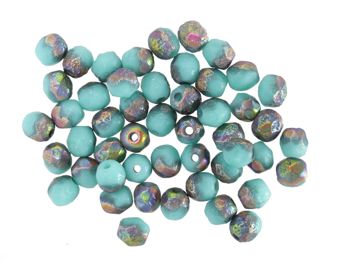 Czech Glass Textured Blue Turquoise w/ Vitrail Fire Polished Round 4mm