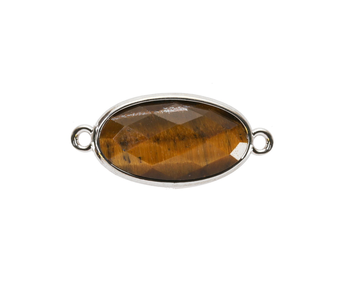 Tiger Eye Faceted Puff Oval Link w/ Silver Finish Bezel 12x20mm