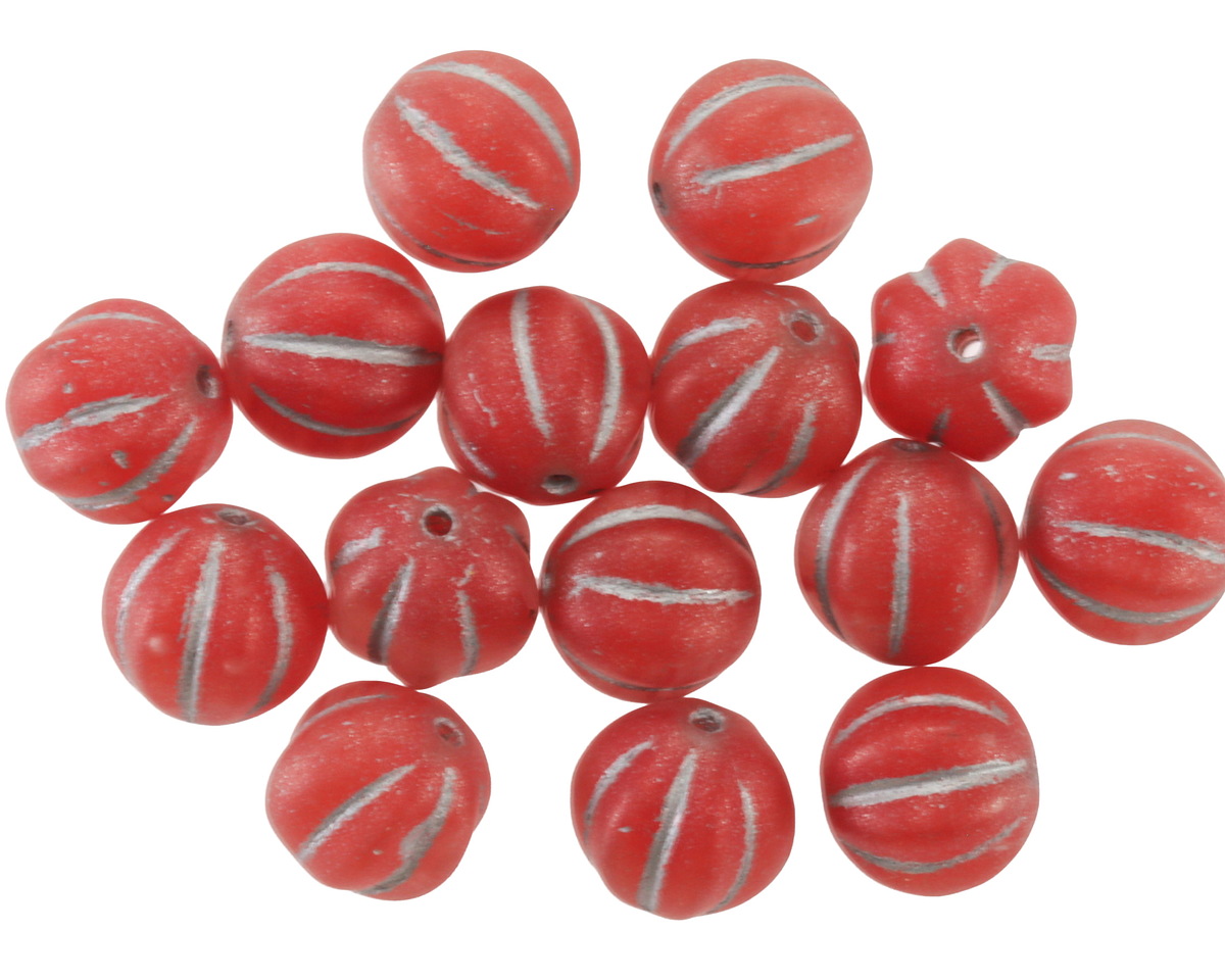 Czech Glass Matte Ruby w/ Silver Melon Round 8mm