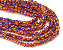 Java Glass Red, Yellow, & Cobalt w/ Stripes Graduated Gooseberry Beads 3-6x4-6mm