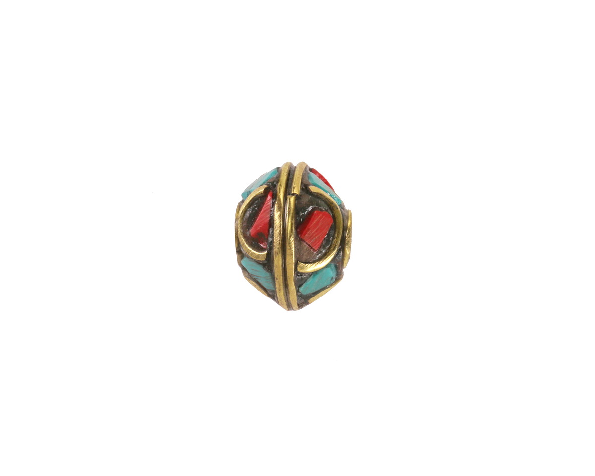 Nepalese Brass w/ Turquoise & Coral Mosaic w/ Half Circles Saucer Bead 8.5x11mm