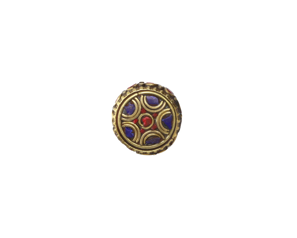 Nepalese Brass Cathedral Coin Bead w/ Lapis & Coral 18-20mm