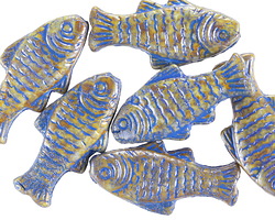 Czech Glass Bisque Picasso w/ Blue Wash Trout Fish Bead 24x10mm