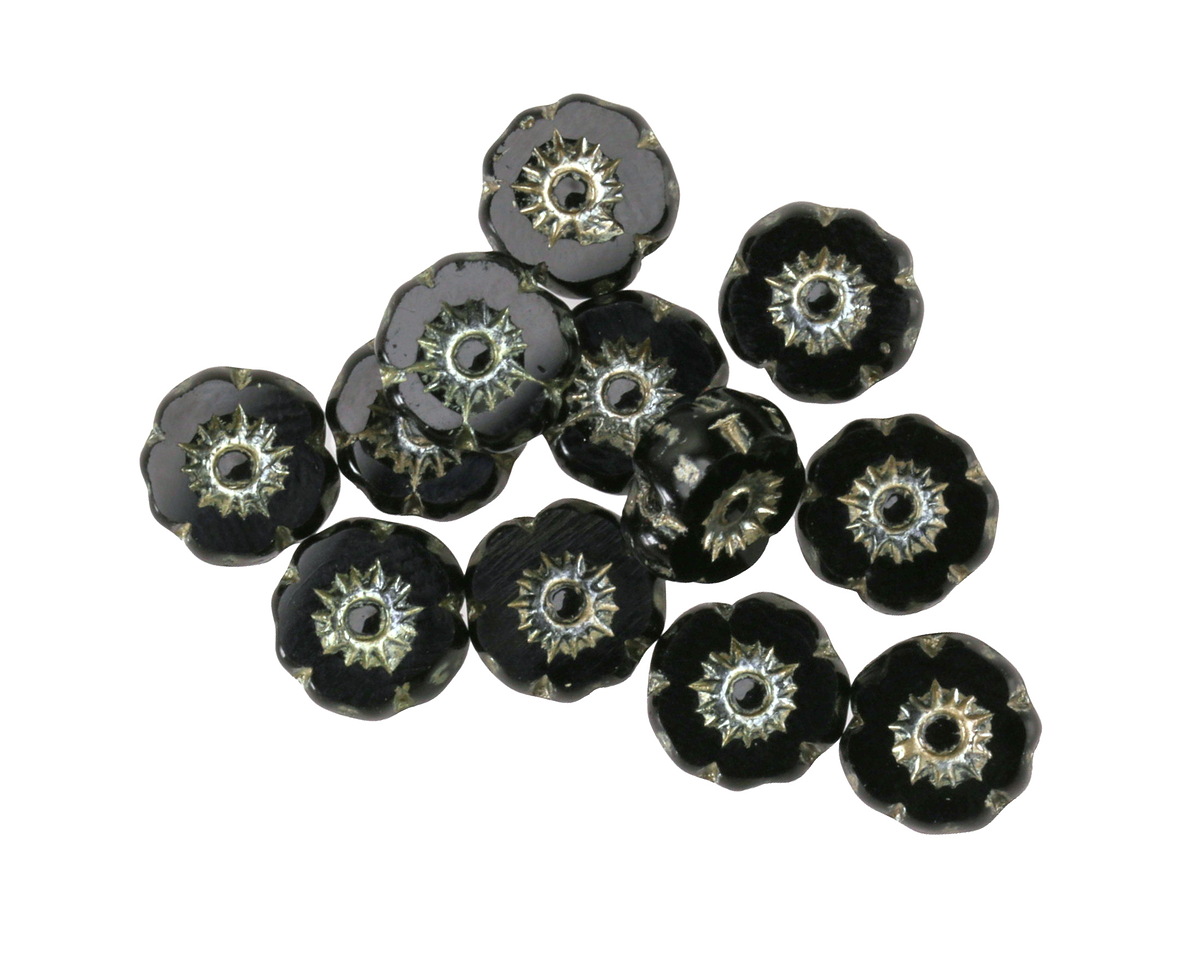 Czech Glass Jet w/ Platinum Hibiscus 7mm