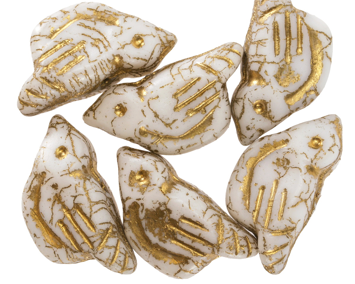 Czech Glass White w/ Gold Wash Bird 11x22mm