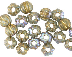 Czech Glass Textured Aquamarine AB w/ Gold Large Hole Melon Round 8mm