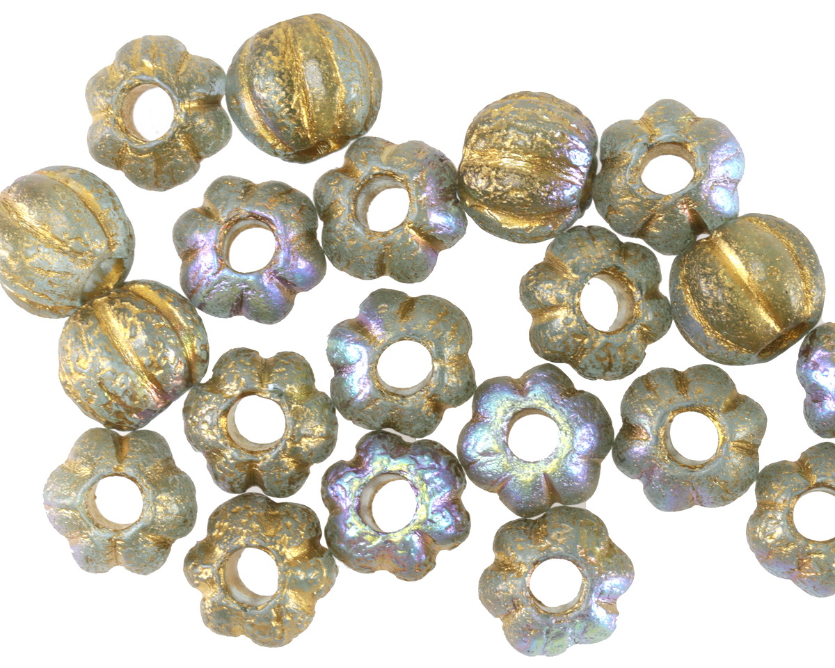 Czech Glass Textured Aquamarine AB w/ Gold Large Hole Melon Round 8mm