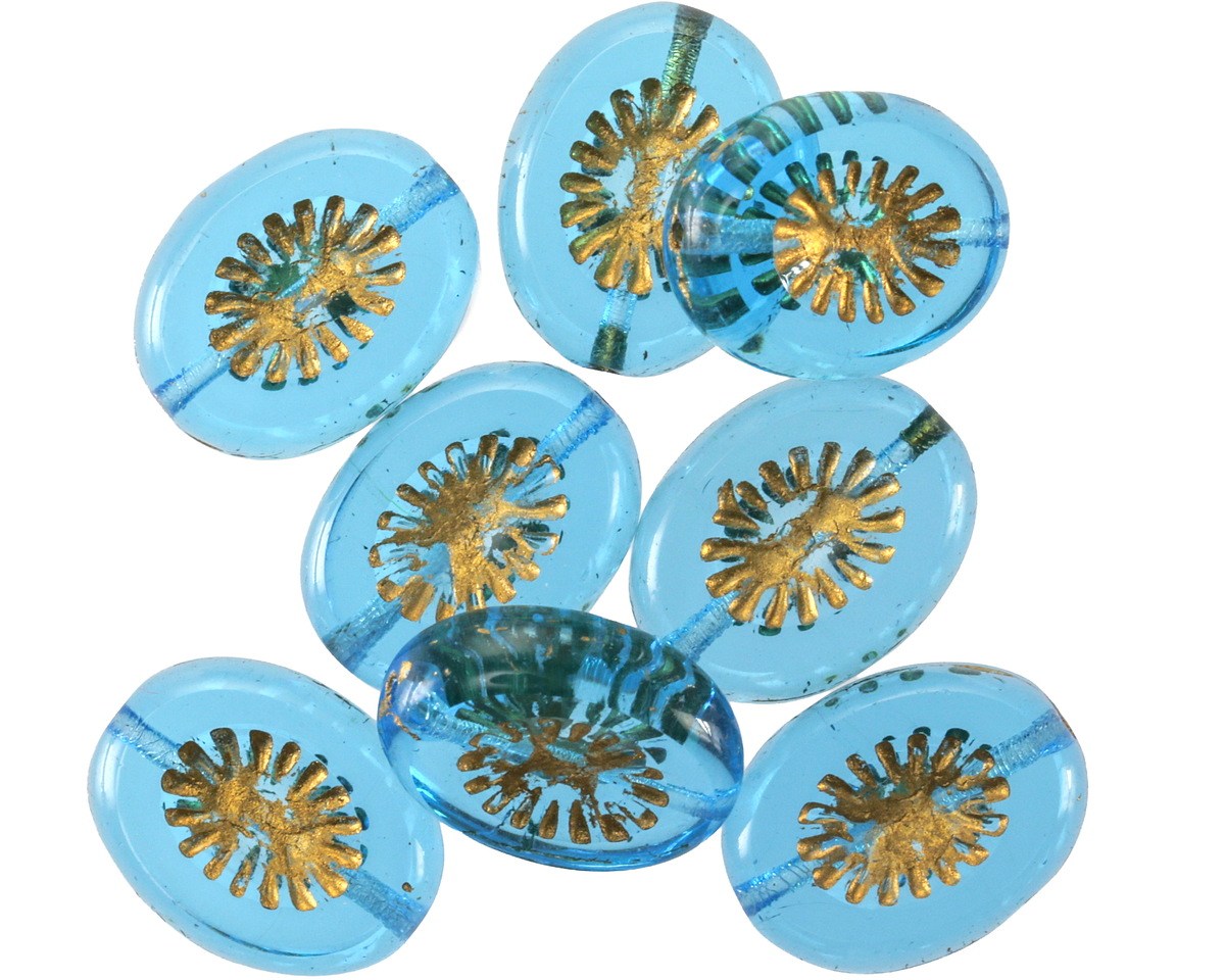 Czech Glass Aquamarine w/ Gold Oval Star Window 14x10mm