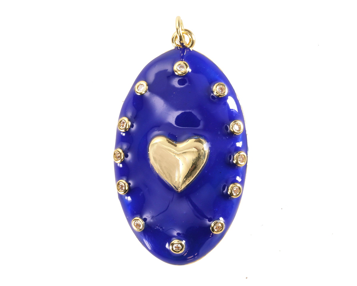 18k Gold (plated) Blue Enamel Oval w/ Heart & Crystals Focal 21x37mm