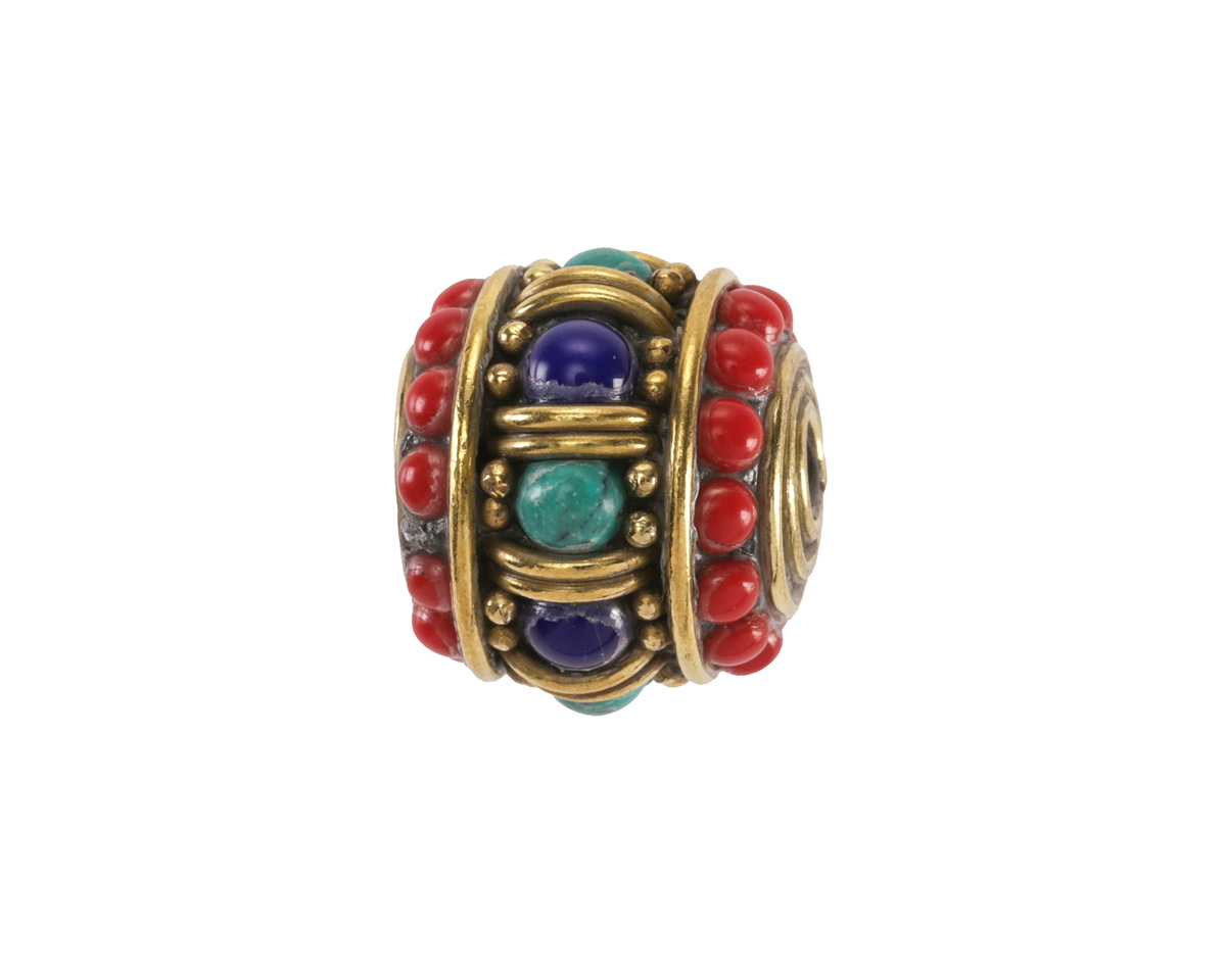 Nepalese Brass Turquoise, Lapis & Small Coral Dots Large Barrel Bead 15x17mm