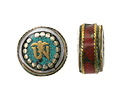 Nepalese White Brass & Brass "Om" Coin Bead w/ Turquoise & Coral 16mm