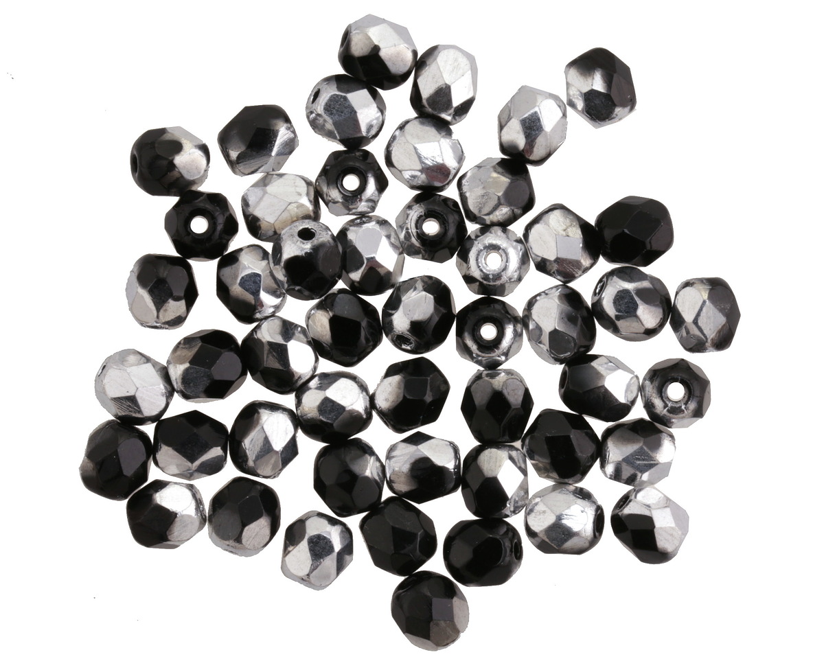 Czech Glass Jet 1/2 Silver Fire Polished Round 4mm