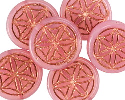 Czech Glass Desert Rose w/ Copper Flower of Life Geometry Coin 19mm