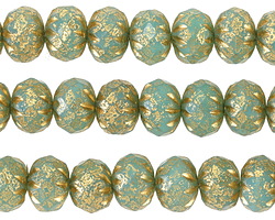 Czech Glass Textured Turquoise w/ Gold Cruller 7x10mm
