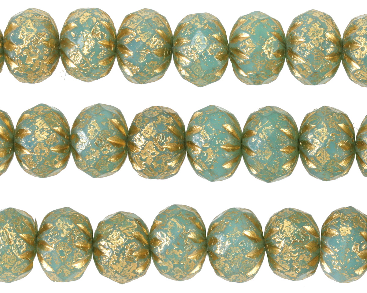 Czech Glass Textured Turquoise w/ Gold Cruller 7x10mm