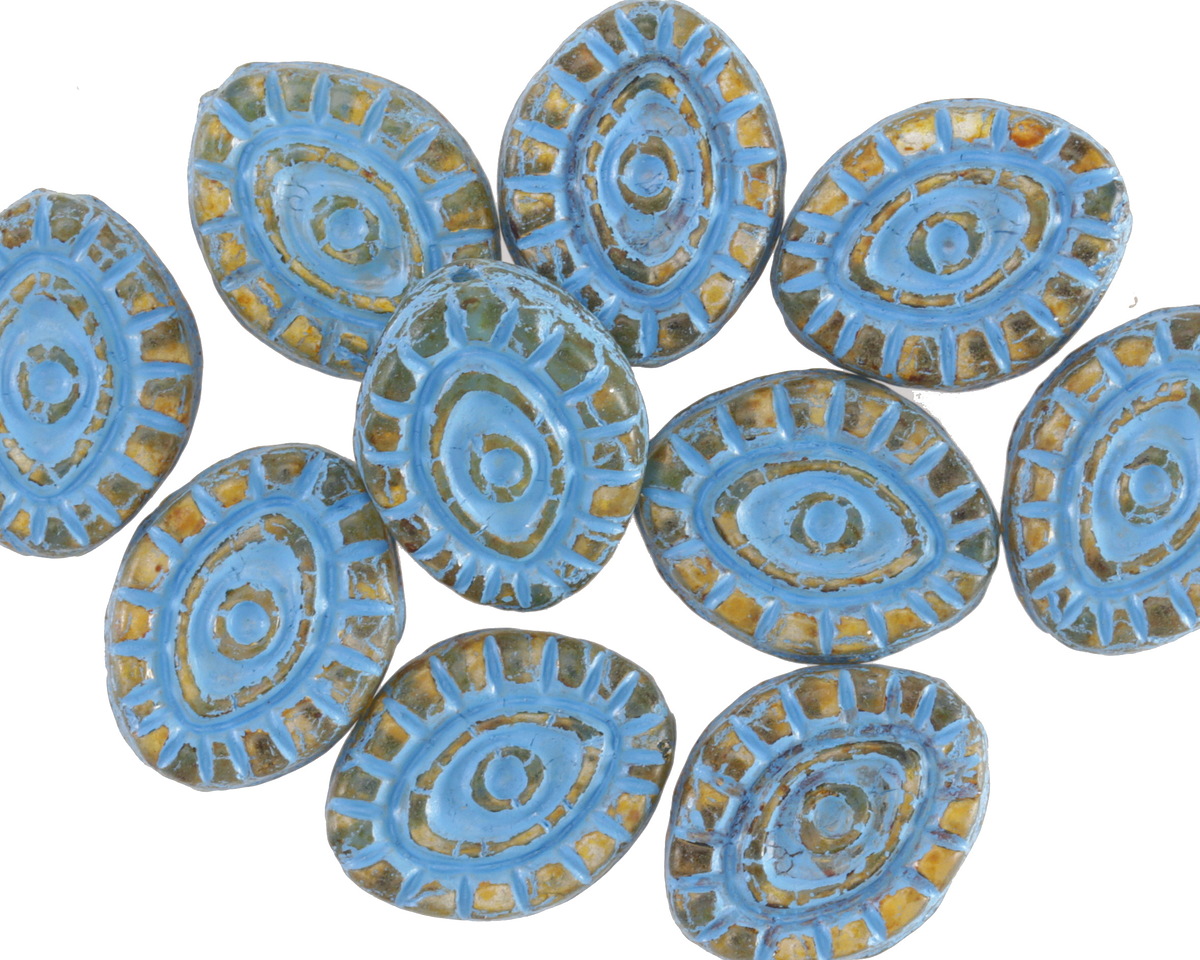 Czech Glass Amber Picasso w/ Turquoise Wash Mystic Eye 14x11mm