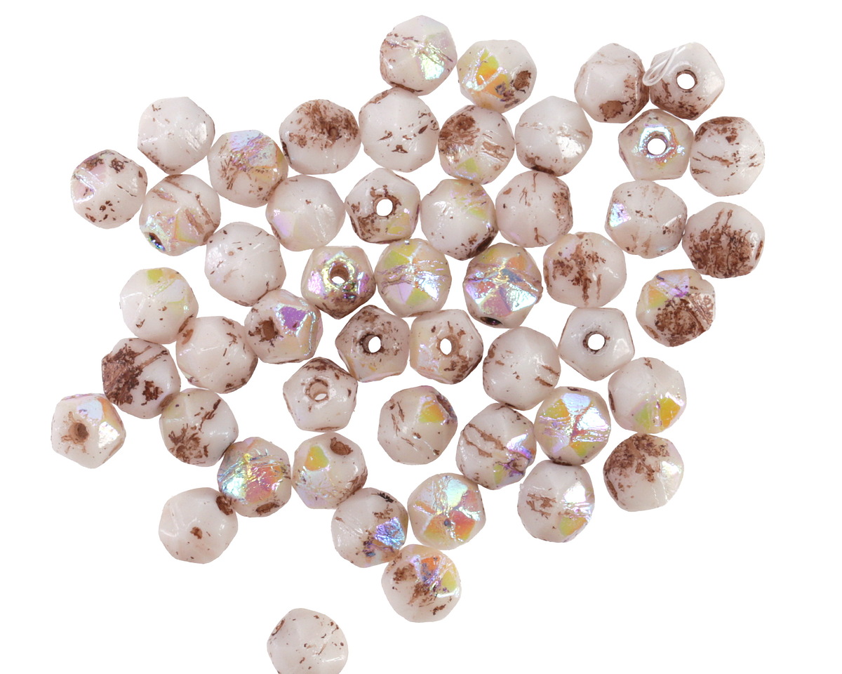 Czech Glass White AB w/ Brown Wash English Cut Bead 4mm