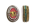 Nepalese White Brass & Brass "Om" Oval Coin Bead w/ Coral & Turquoise 16-18x20-22mm
