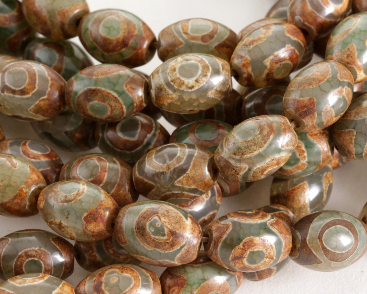 Tibetan (Dzi) Agate Green & Brown Rice 14x10mm