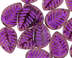 Czech Glass Amethyst w/ Purple Carved Leaf Drop 12x17mm
