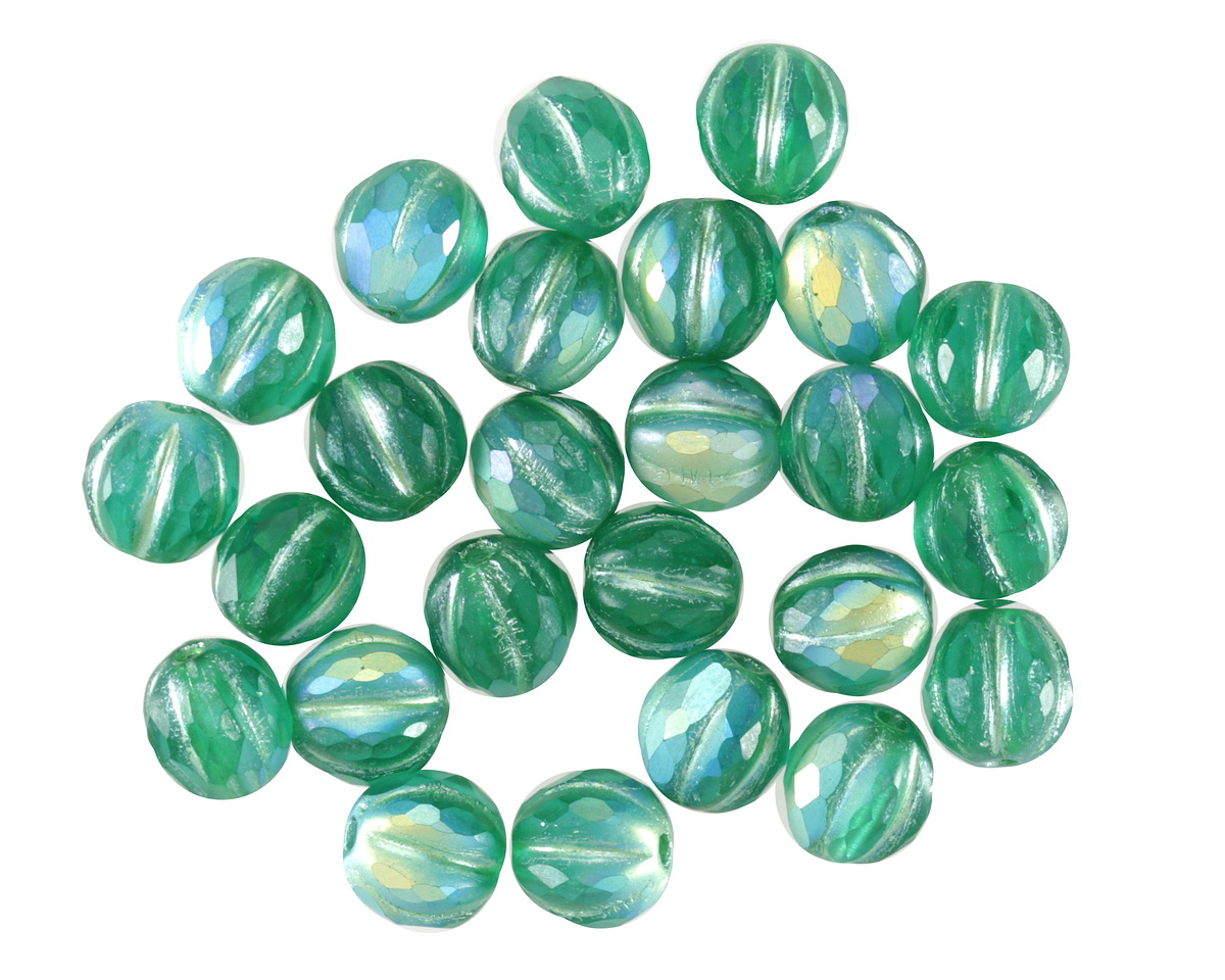 Czech Glass Matte Emerald AB & Metallic Green Wash Faceted Melon Round 6mm
