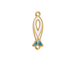 24K Gold (plated) White & Sea Blues Enameled Openwork Fish Focal Link 7x25mm