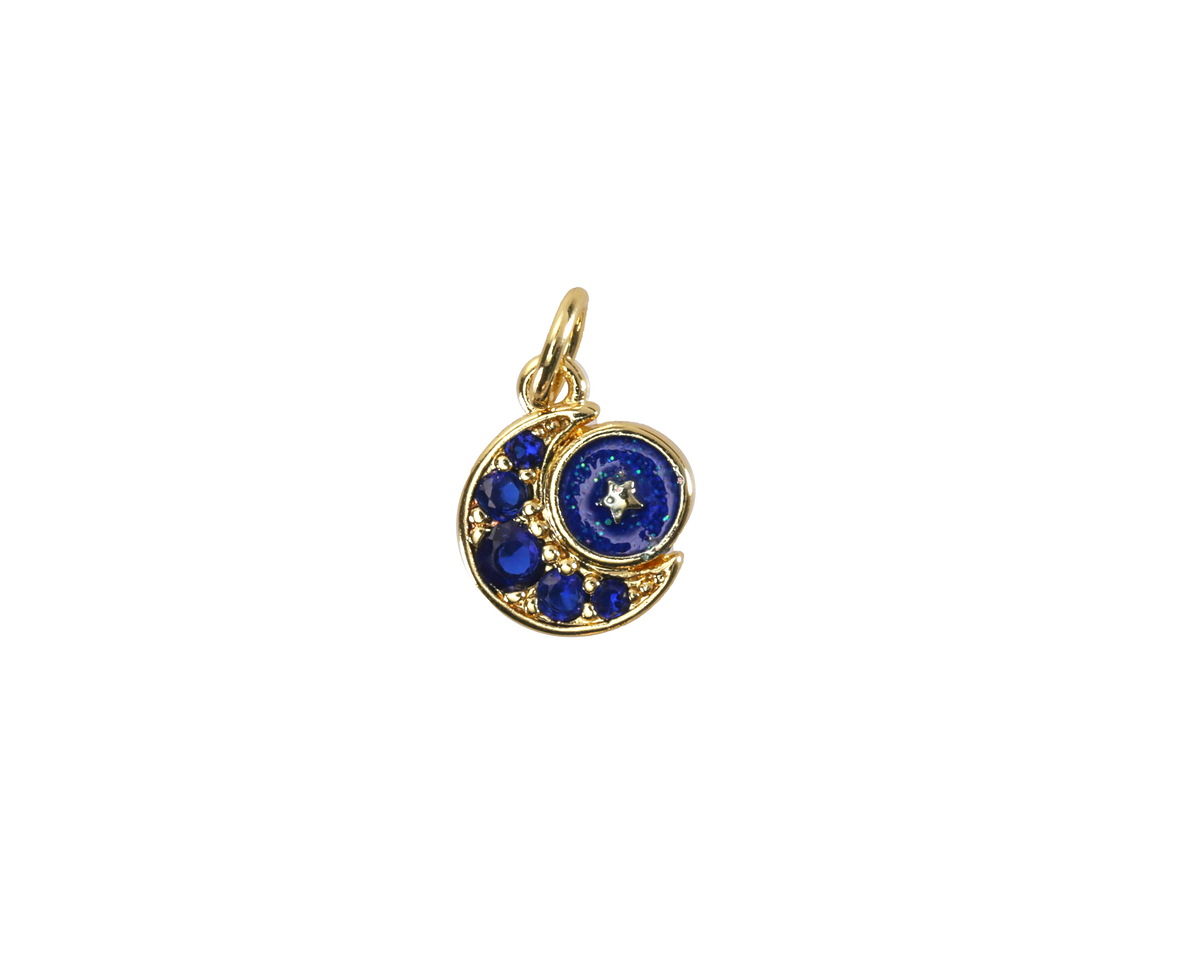 18k Gold (plated) Tiny Blue Crystal Crescent w/ Blue Enamel Moon Focal 9x11mm