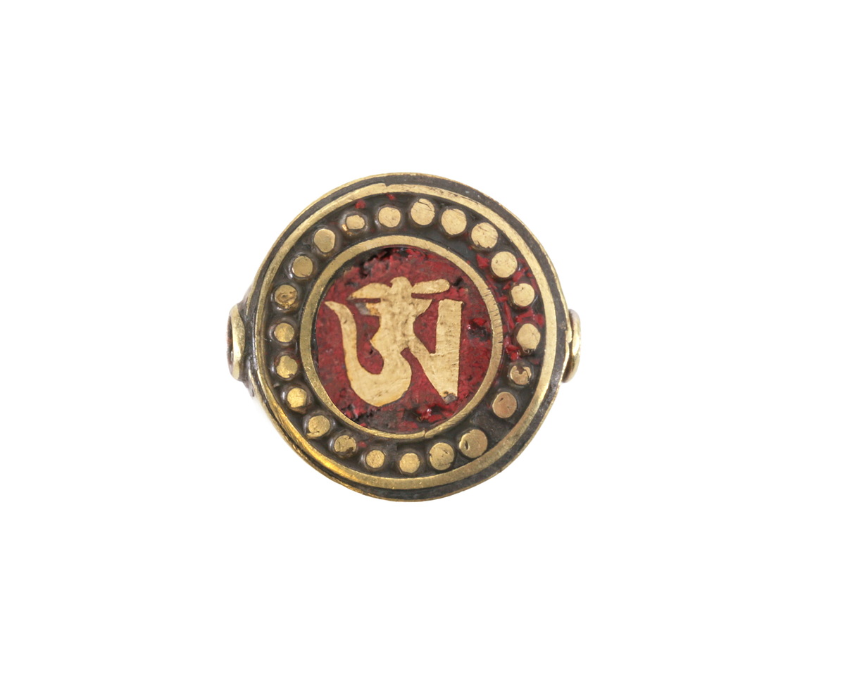 Nepalese Brass Om w/ Inlaid Coral Coin Bead 20mm