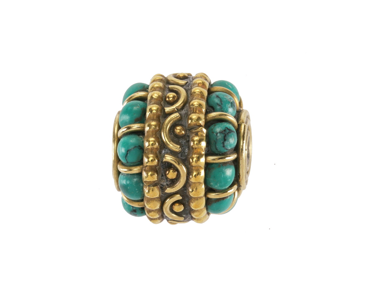 Nepalese Brass w/ Turquoise Dots amd Half Circles w/ Dots Barrel Bead 16x17-18mm