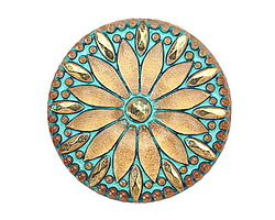 Czech Glass Turquoise w/ Metallic Gold Daisy Button 31mm