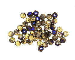 Czech Glass Black Diamond w/ Gold & Metallic Blue English Cut Round 3mm