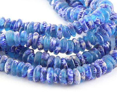African Recycled Glass & Seed Bead Blues Donut (Krobo) 10-11mm