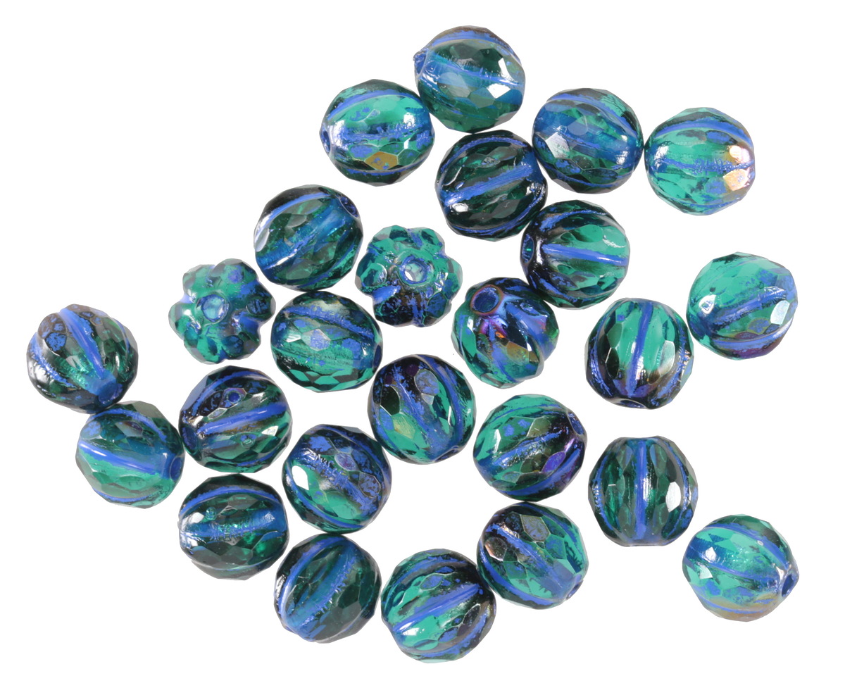 Czech Glass Emerald w/ Iris Luster & Blue Wash Faceted Melon Round 6mm