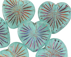Czech Glass Matte Island Blue w/ Metallic Rainbow Starburst Heart 22mm