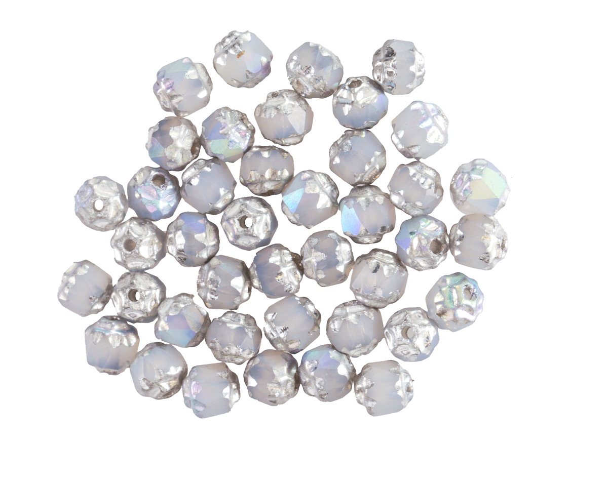 Czech Glass White Opal AB w/ Silver Lantern 4mm
