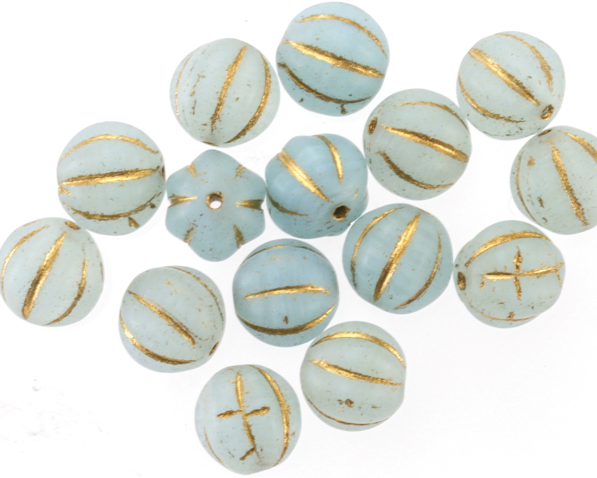 Matte Ice Blue w/ Gold Melon Round 8mm